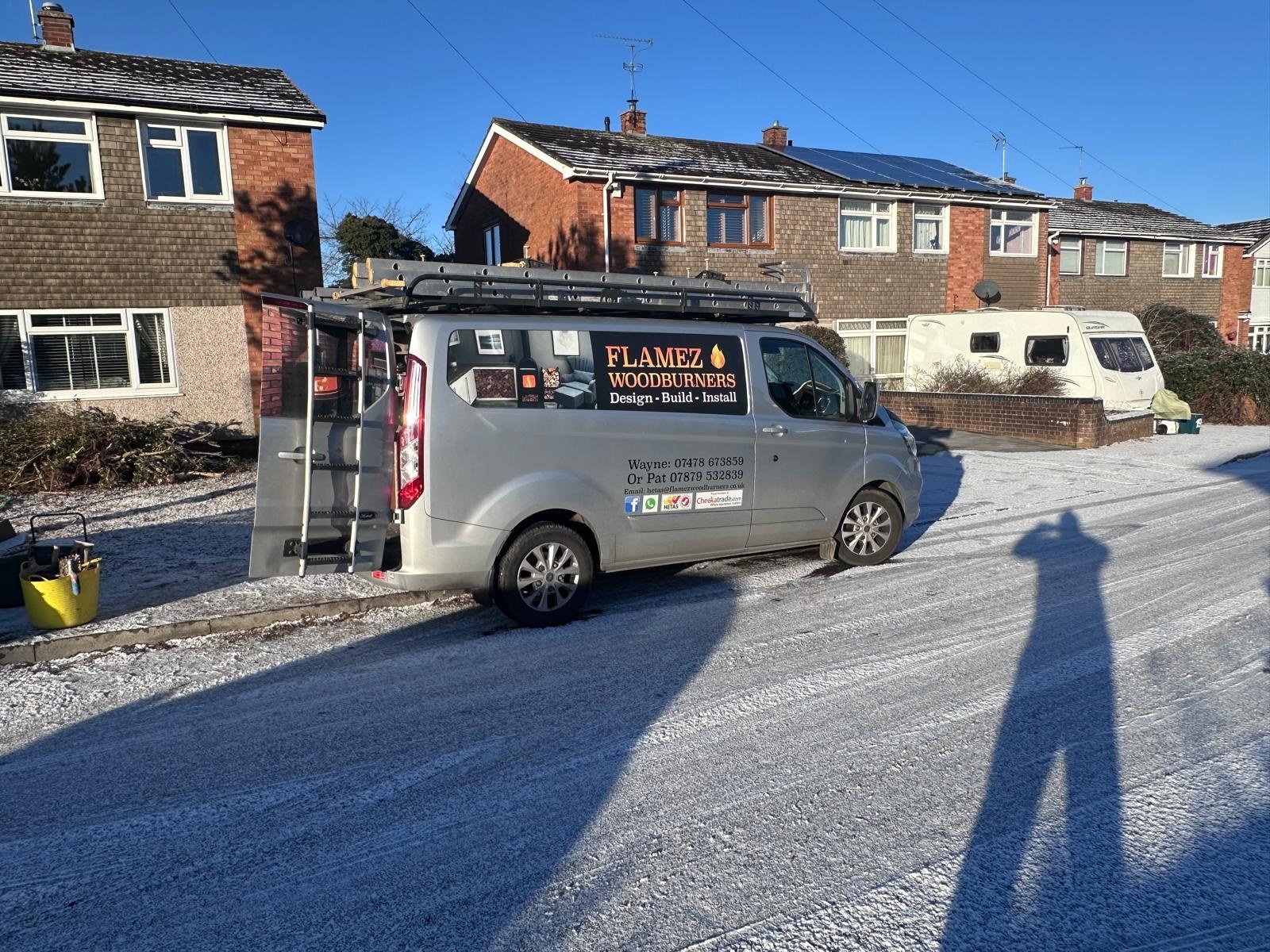 Flamez Woodburners van on a frosty winter morning outside a customer's home