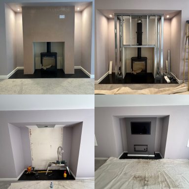 Four stages of a modern inset stove installation, start to finish